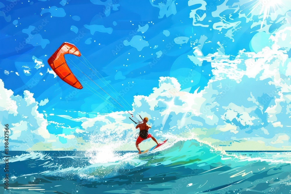 A kitesurfer catching air above turquoise waters on a sunny day A kitesurfer catching air above turquoise waters on a sunny day