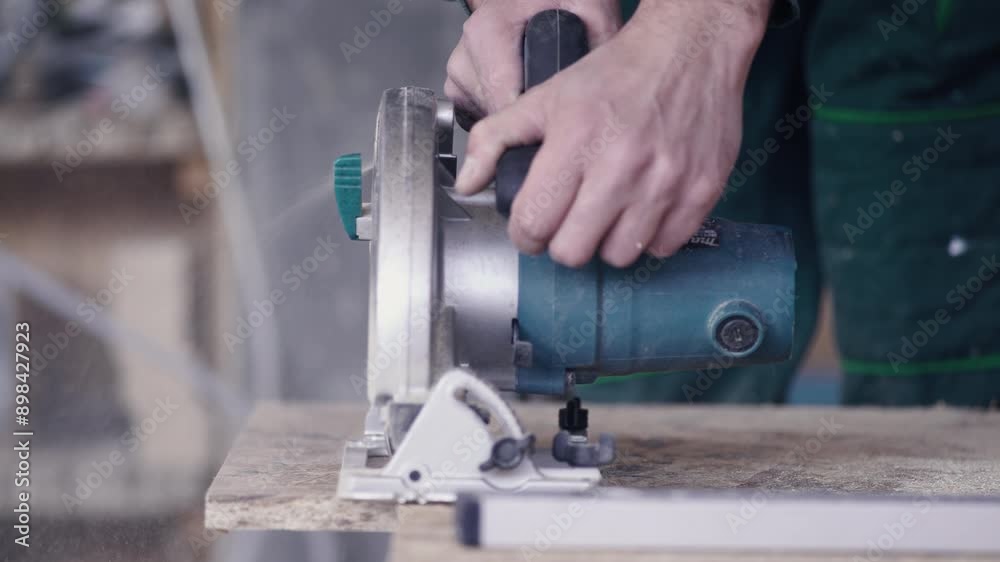 Woodworker using a circular band saw to cut board at the workshop. Woodworker using a circular band saw to cut board at the workshop.