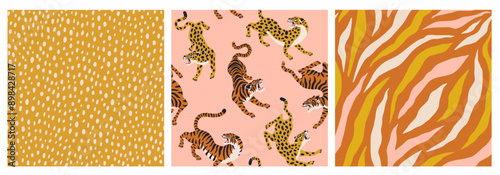 Contemporary tigers, leopards and polka dot shapes seamless pattern set. Mid Century Modern Art design for paper, cover, fabric, interior decor and other users.