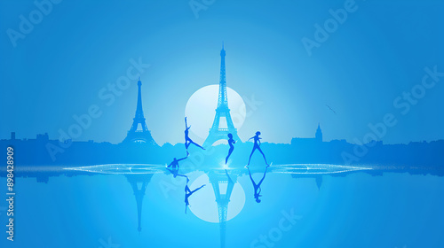 Artistic Swimming: A minimalistic illustration of a synchronized swimming team performing with the Eiffel Tower in the background on a blue background.


 photo