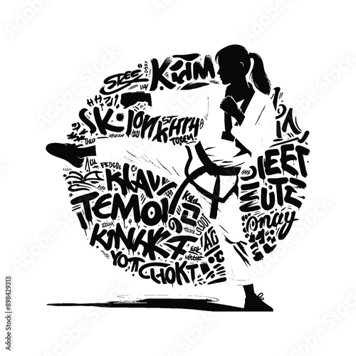 Judo , martial art ,  Karate , Taekwondo  female player in graffiti tags, street art pattern illustration, emblem shield badge