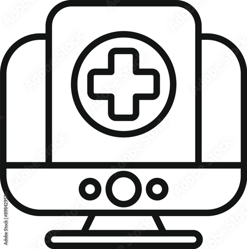 Medical computer icon, outline style, representing online clinic providing telemedicine