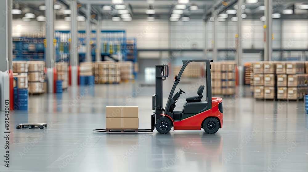 Obraz premium A red forklift is parked near three wooden pallets in a warehouse. The forklift has a black mast and a black seat. The warehouse walls are made of wood