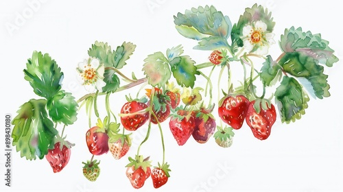 Watercolor vector drawing of strawberry fruit plant leaf over white background