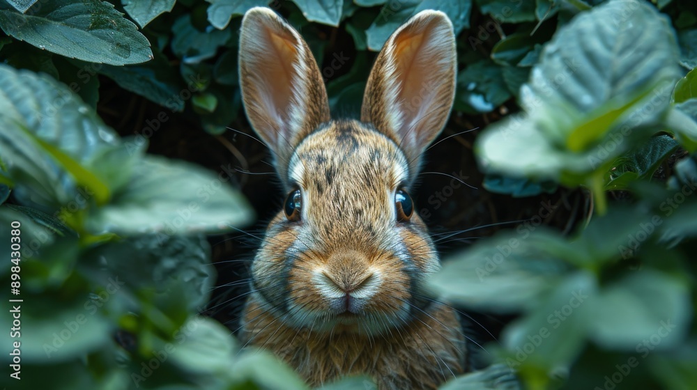 Cute wild rabbit peeking from green leaves, exploring nature in spring or summer. Its furry ears perked up, whiskers twitching, symbolizing luck and easter Cute wild rabbit peeking from green leaves, exploring nature in spring or summer. Its furry ears perked up, whiskers twitching, symbolizing luck and easter
