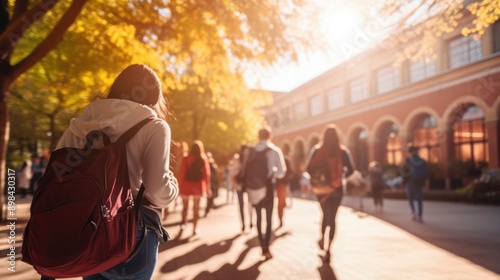 Crowd of students walking through a college campus on a sunny day