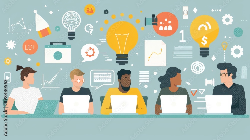 Team of Four Brainstorming New Ideas Together Team of Four Brainstorming New Ideas Together