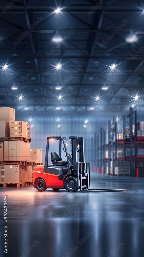 Fototapeta premium A red forklift is parked near three wooden pallets in a warehouse. The forklift has a black mast and a black seat. The warehouse walls are made of wood