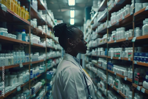 female african american pharmacist in pharmacy drugstore with medicine packages