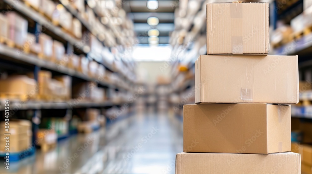 A stack of cardboard boxes sits on a wooden surface in front of a warehouse with shelves of boxes in the background. A stack of cardboard boxes sits on a wooden surface in front of a warehouse with shelves of boxes in the background.
