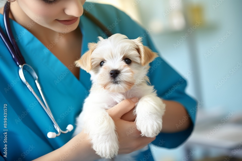 A veterinarian gently cradles a small white puppy with soft brown ears in the examination room of a clinic A veterinarian gently cradles a small white puppy with soft brown ears in the examination room of a clinic