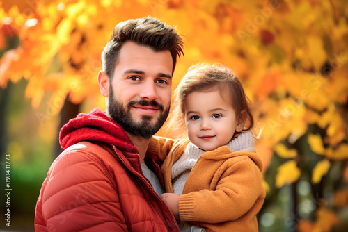 Young single father enjoying day at the park with her little girl with autumn colors as background