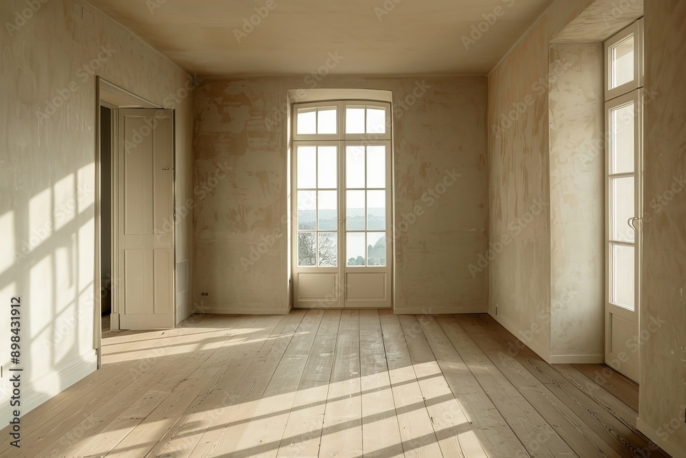 Interior of empty room with white walls, wooden floor and window Interior of empty room with white walls, wooden floor and window