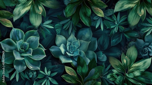 Vibrant green foliage with succulent plant detail unique delicate wallpaper design Soft organic pattern in deep teal