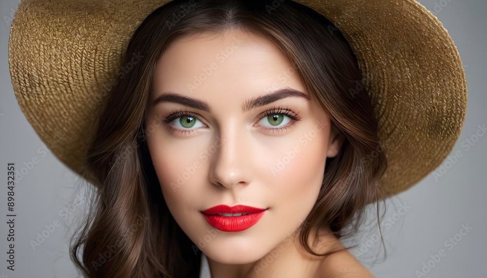 Elegant brunette with green eyes, red lips and perfect skin. Cheerful woman in a straw sun hat, studio shot. Elegant brunette with green eyes, red lips and perfect skin. Cheerful woman in a straw sun hat, studio shot.