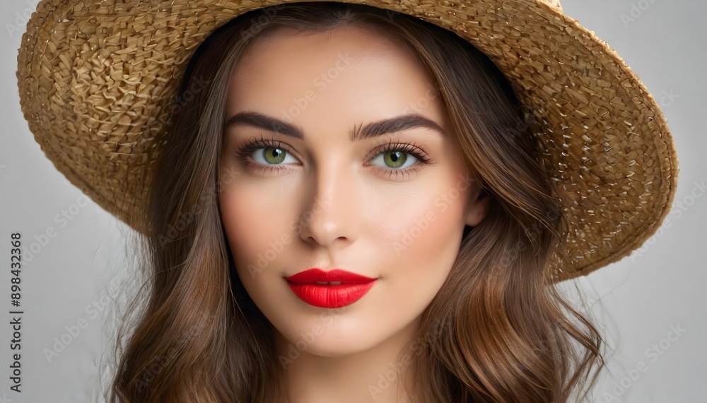 Beautiful lady with green eyes and a soft smile. Summer fashion portrait with red lipstick and straw hat. Beautiful lady with green eyes and a soft smile. Summer fashion portrait with red lipstick and straw hat.