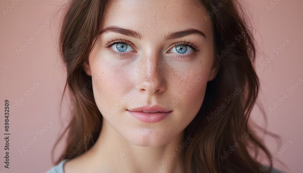 Studio shot of a gorgeous brunette lady with freckles and blue eyes. Natural beauty and soft smile. Close-up portrait. Studio shot of a gorgeous brunette lady with freckles and blue eyes. Natural beauty and soft smile. Close-up portrait.