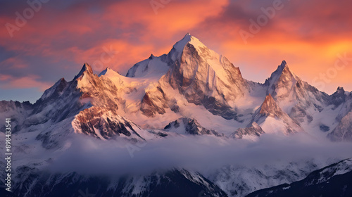 Serene Sunset over Snow-Covered Peaks: A Majestic Display of Nature's Splendor © Lily