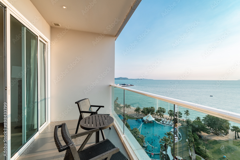 Fototapeta premium Romantic summer vacation view. Luxury travel balcony with ocean view. holiday destination