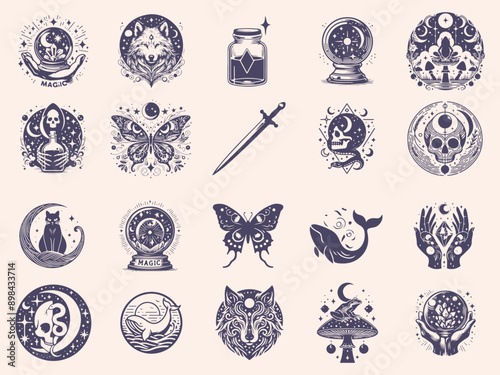 Set of mystical symbols, moon phases, crystals, witchy hands, crystal balls, wolf, mushroom, poison, celestial tattoo silhouette