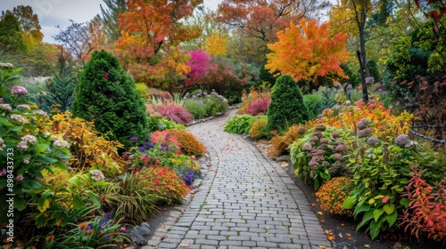 Autumnal Pathway Through a Garden in Fall Colors