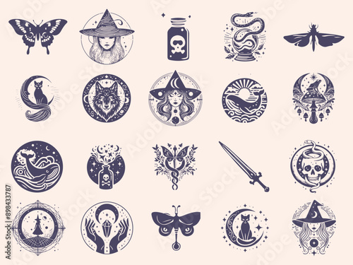 Set of mystical symbols, moon phases, crystals, witchy hands, crystal balls, wolf, mushroom, poison, celestial tattoo silhouette