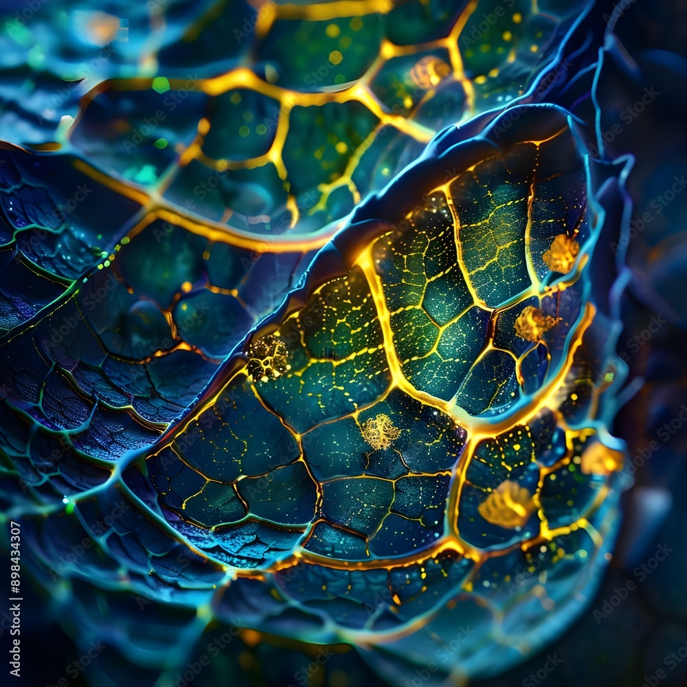 Microscopic view of a leaf structure with water droplets, illustrating detailed cellular structures and veins Microscopic view of a leaf structure with water droplets, illustrating detailed cellular structures and veins