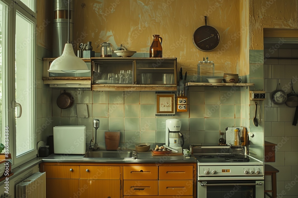 Interior of a modern kitchen with yellow and orange tiles. Toned. Interior of a modern kitchen with yellow and orange tiles. Toned.