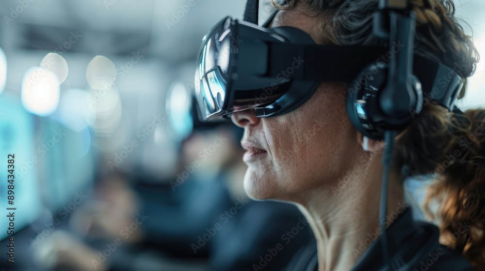 Professional image showing a woman using a VR headset in a high-tech control center, emphasizing the advanced technology and focus involved in the virtual reality experience. Professional image showing a woman using a VR headset in a high-tech control center, emphasizing the advanced technology and focus involved in the virtual reality experience.