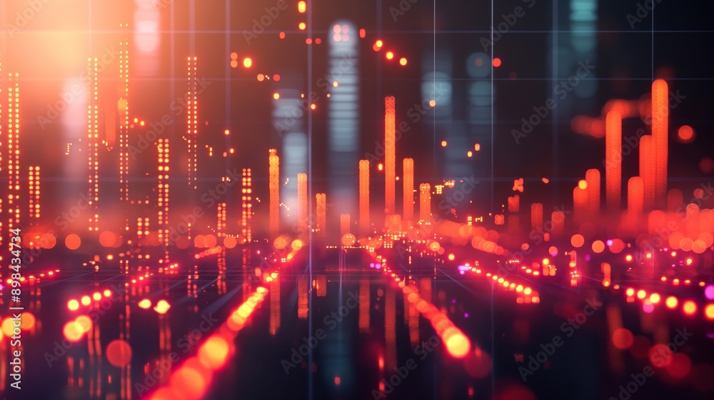 Glowing red neon Abstract minimalistic Financial Graphs line and chart, stock market graphs on black background with numbers and info graph, market business and currency