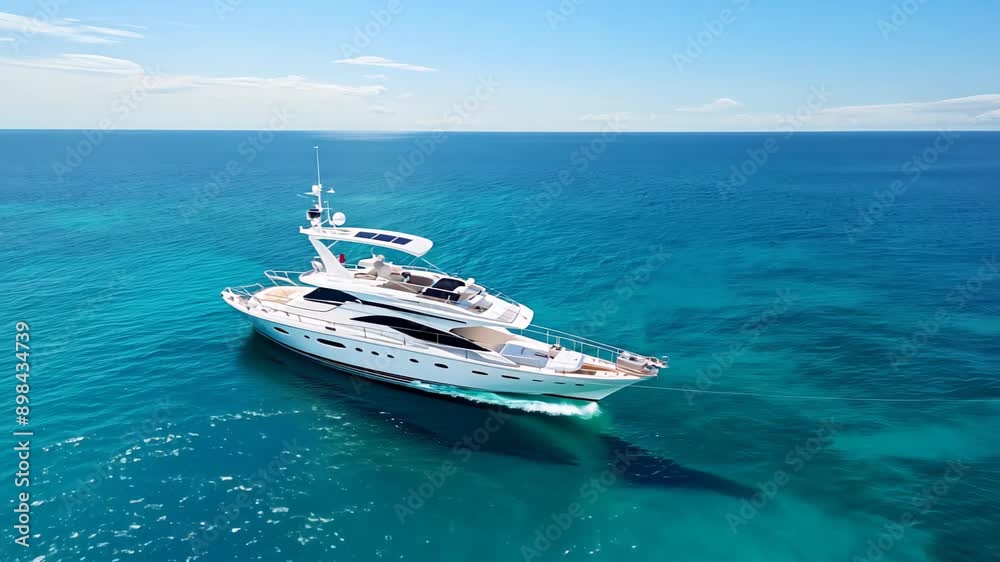 The yacht sails at full speed across the blue sea, leaving a trail on the water. In the background you can see a coast with mountains and clouds The yacht sails at full speed across the blue sea, leaving a trail on the water. In the background you can see a coast with mountains and clouds