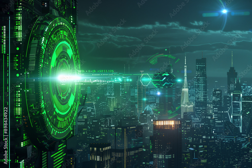 AI-powered security bot scanning for threats. Glowing green light. Digital cityscape background. AI-powered security bot scanning for threats. Glowing green light. Digital cityscape background.