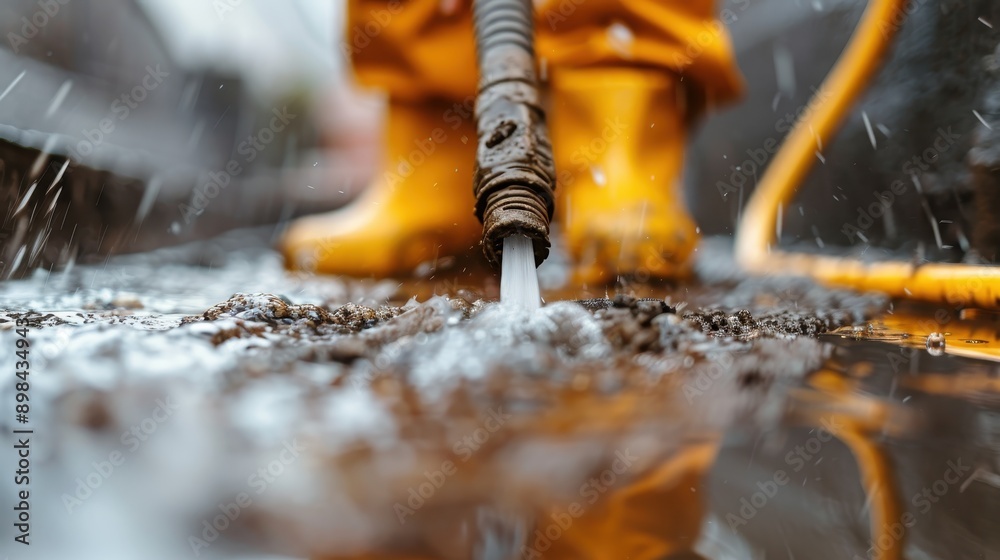 A person wearing yellow boots is using a water hose outdoors, managing water flow possibly for cleaning or irrigation purposes in a dynamic and wet environment. A person wearing yellow boots is using a water hose outdoors, managing water flow possibly for cleaning or irrigation purposes in a dynamic and wet environment.