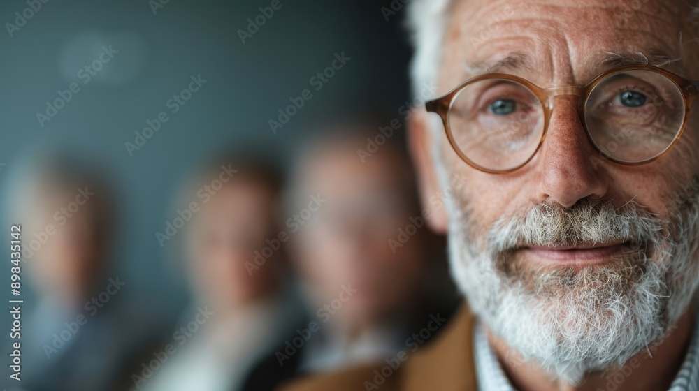 A senior individual is attentively participating in a business meeting. The background shows other attendees, suggesting a focused and professional setting. A senior individual is attentively participating in a business meeting. The background shows other attendees, suggesting a focused and professional setting.