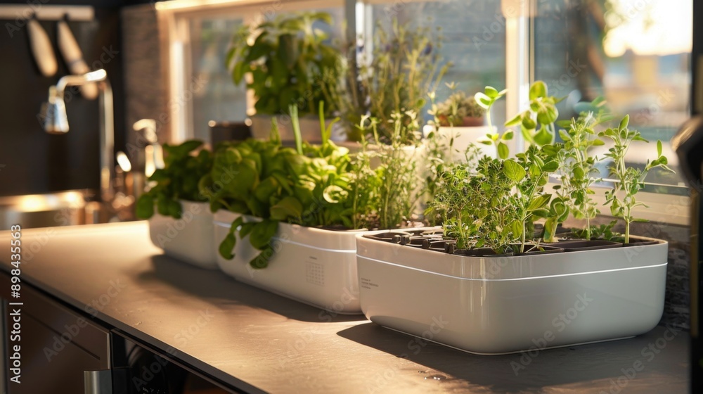 custom made wallpaper toronto digitalA close-up of a countertop indoor herb garden with several different varieties of herbs growing in white planters.