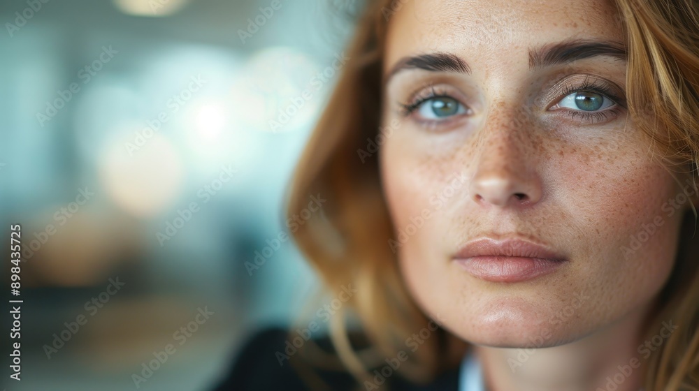 A contemplative woman with freckles and blonde hair looks ahead with a serious expression, embodying focus and dedication in a professional setting. A contemplative woman with freckles and blonde hair looks ahead with a serious expression, embodying focus and dedication in a professional setting.