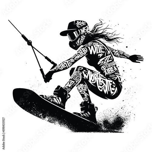 Kitesurfing, Wakeboarding   female player in graffiti tags, street art pattern illustration, emblem shield badge