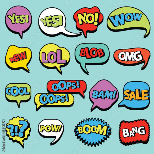 
Comic speech bubble set with  Wow, Bang, Omg, Boom, Yeah, Pow,  Free Vector