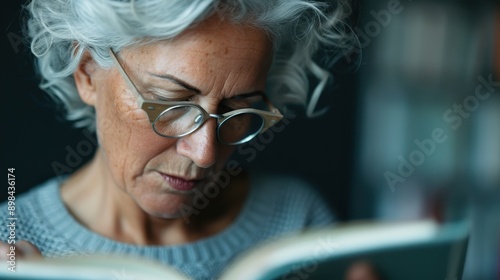 A mature individual with white hair deeply immersed in reading a book, creating an atmosphere of intellectual engagement and contemplative focus in a quiet library setting. photo