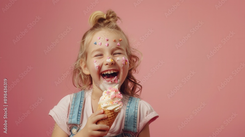A little child holding an ice cream and eating over plain background. A little child holding an ice cream and eating over plain background.