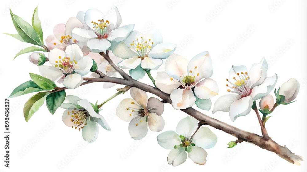 White flowers on a branch isolated on a white background, watercolor White flowers on a branch isolated on a white background, watercolor