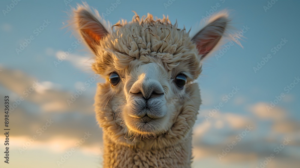 Obraz premium Alpaca portrait, fluffy fur, big expressive eyes, cute animal face, light beige coat, perked ears, curious expression, blue sky background, wildlife photography, farm animal.