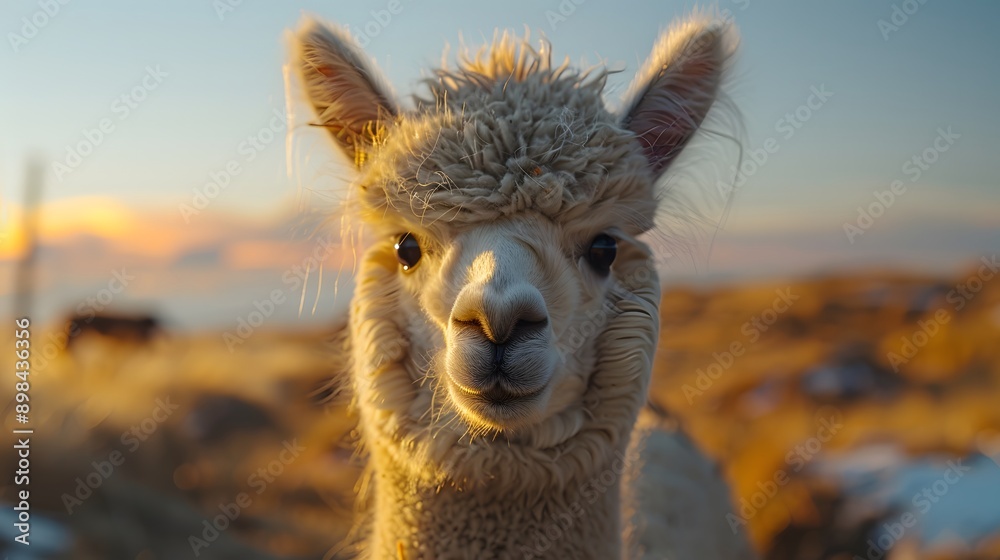 Obraz premium Alpaca portrait, fluffy fur, big expressive eyes, cute animal face, light beige coat, perked ears, curious expression, blue sky background, wildlife photography, farm animal.