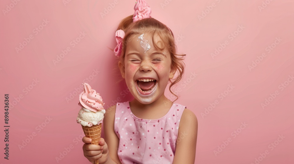 A little child holding an ice cream and eating over plain background. A little child holding an ice cream and eating over plain background.