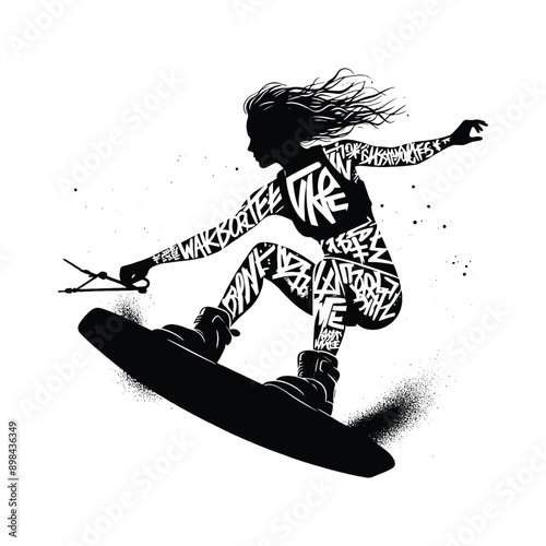 Kitesurfing, Wakeboarding   female player in graffiti tags, street art pattern illustration, emblem shield badge