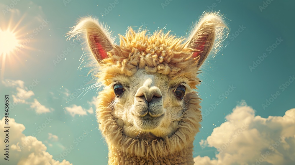 Alpaca portrait, fluffy fur, big expressive eyes, cute animal face, light beige coat, perked ears, curious expression, blue sky background, wildlife photography, farm animal. Alpaca portrait, fluffy fur, big expressive eyes, cute animal face, light beige coat, perked ears, curious expression, blue sky background, wildlife photography, farm animal.