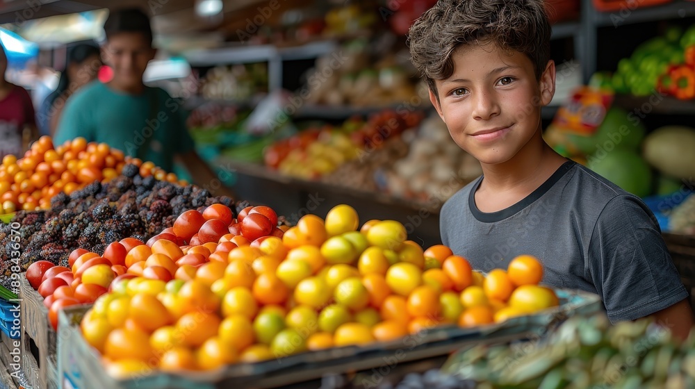 A boy happily smiles while standing at a fruit vendor's stand in an outdoor market, surrounded by colorful fruits and a bustling marketplace vibe. A boy happily smiles while standing at a fruit vendor's stand in an outdoor market, surrounded by colorful fruits and a bustling marketplace vibe.