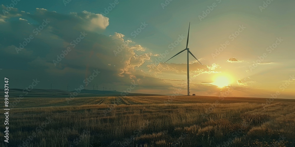 A wind turbine generating electricity in a vast field, utilizing renewable wind energy for sustainable power