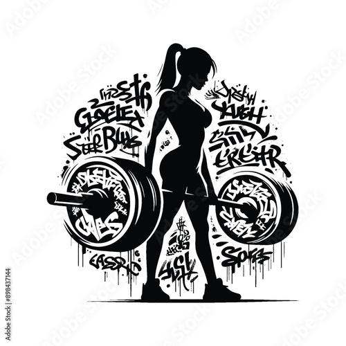 Bench press, weight lifting   female player in graffiti tags, street art pattern illustration, emblem shield badge