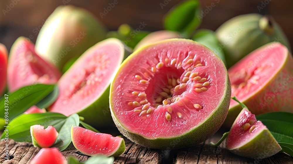 Bright, vibrant guava fruits, cut open guava, pink flesh, seeds visible, green leaves, wooden surface, macro photography, high detail, shallow depth of field. Bright, vibrant guava fruits, cut open guava, pink flesh, seeds visible, green leaves, wooden surface, macro photography, high detail, shallow depth of field.